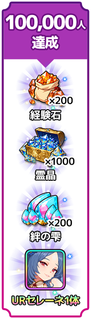 事前登録者数100,000人 経験石×200 霊晶×1000 絆の雫×200 URセレーネ1体