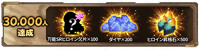 30,000人達成 万能SRヒロイン欠片×100 ダイヤ×200 ヒロイン昇格石×500