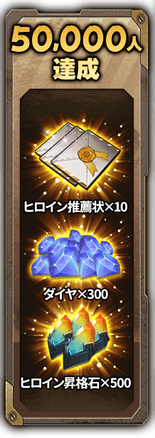 50,000人達成 ヒロイン推薦状×10 ダイヤ×300 ヒロイン昇格石×500