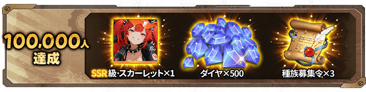 100,000人達成 SSR級・スカーレット×1 ダイヤ×500 種族募集令×3
