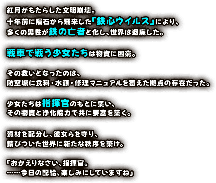 紅月がもたらした文明崩壊。十年前に隕石から飛来した「鉄心ウィルス」により、多くの男性が鉄の亡者と化し、世界は退廃した。戦車で戦う少女たちは物資に困窮。その救いとなったのは、防空壕に食料・水源・修理マニュアルを蓄えた拠点の存在だった。少女たちは指揮官のもとに集い、その物資と浄化能力で共に要塞を築く。資材を配分し、彼女らを守り、錆びついた世界に新たな秩序を築け。「おかえりなさい、指揮官。……今日の配給、楽しみにしていますね」
