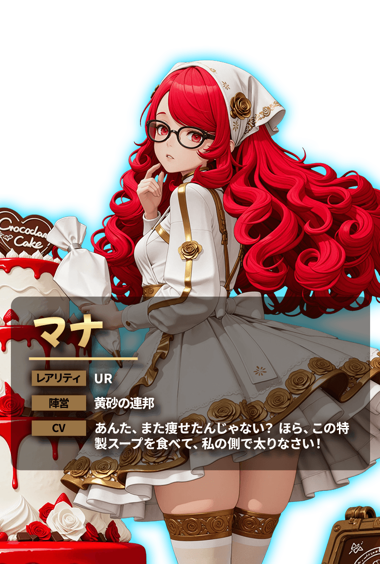 マナ レアリティ UR 陣営 黄砂の連邦 CV あんた、また痩せたんじゃない？ほら、この特製スープを食べて、私の側で太りなさい！
