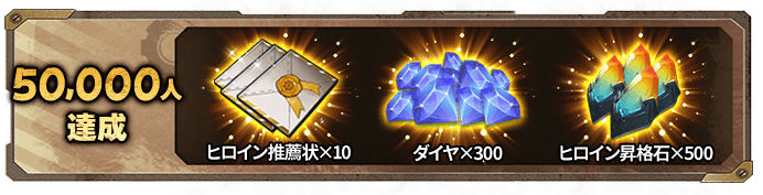 50,000人達成 ヒロイン推薦状×10 ダイヤ×300 ヒロイン昇格石×500