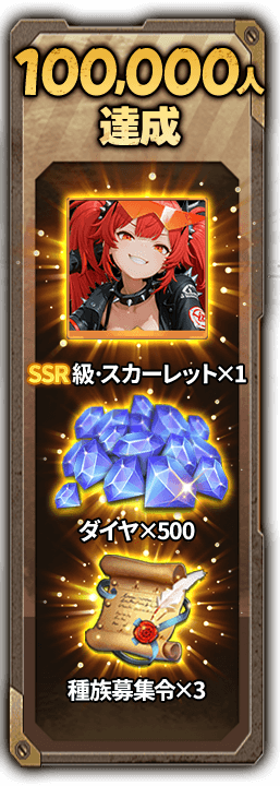 100,000人達成 SSR級・スカーレット×1 ダイヤ×500 種族募集令×3