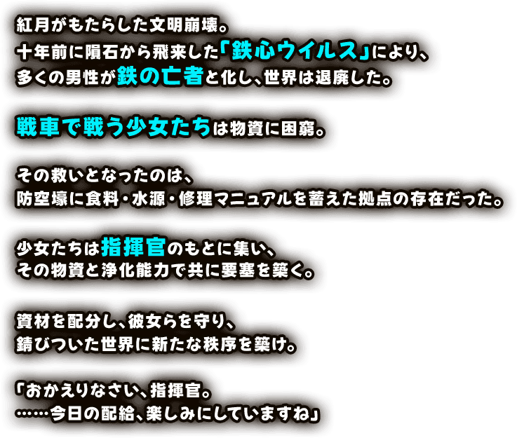 紅月がもたらした文明崩壊。十年前に隕石から飛来した「鉄心ウィルス」により、多くの男性が鉄の亡者と化し、世界は退廃した。戦車で戦う少女たちは物資に困窮。その救いとなったのは、防空壕に食料・水源・修理マニュアルを蓄えた拠点の存在だった。少女たちは指揮官のもとに集い、その物資と浄化能力で共に要塞を築く。資材を配分し、彼女らを守り、錆びついた世界に新たな秩序を築け。「おかえりなさい、指揮官。……今日の配給、楽しみにしていますね」