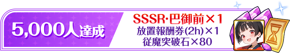 5,000人達成 SSSR？巴御前×1 放置報酬券（2h）×1 従魔突破石×80