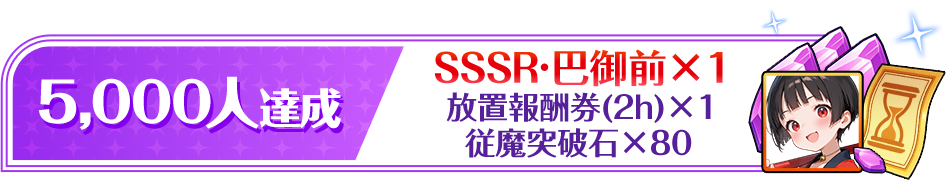 5,000人達成 SSSR？巴御前×1 放置報酬券（2h）×1 従魔突破石×80